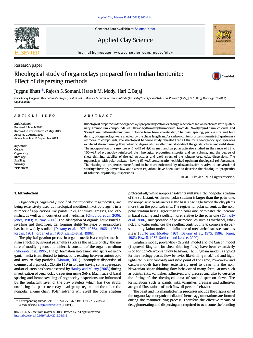 Rheological study of organoclays prepared from Indian bentonite: Effect of dispersing methods