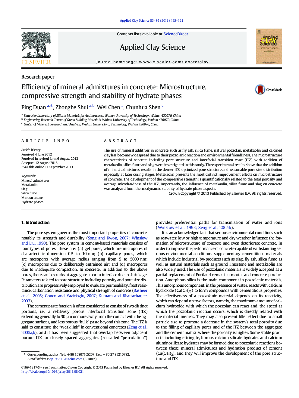 Efficiency of mineral admixtures in concrete: Microstructure, compressive strength and stability of hydrate phases