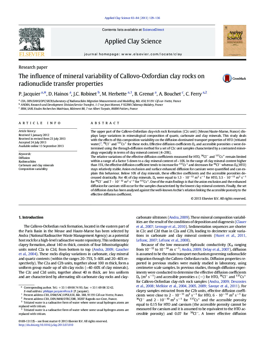 The influence of mineral variability of Callovo-Oxfordian clay rocks on radionuclide transfer properties