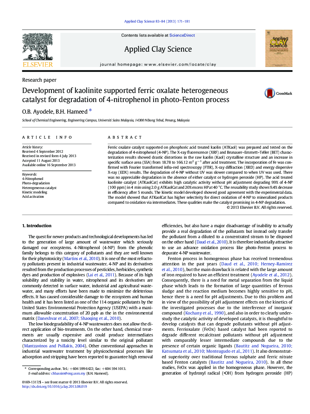 Development of kaolinite supported ferric oxalate heterogeneous catalyst for degradation of 4-nitrophenol in photo-Fenton process