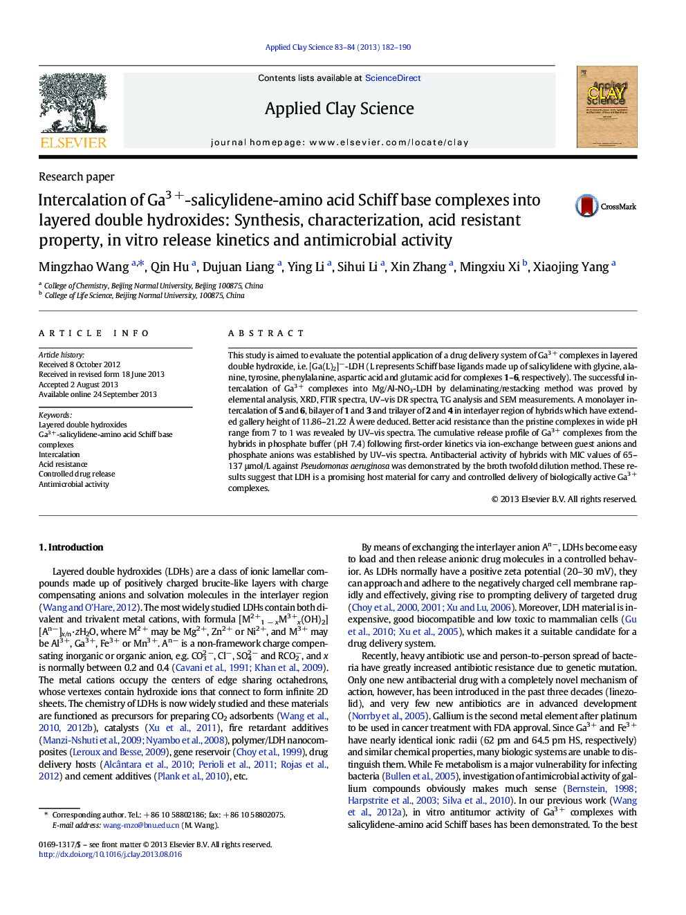 Intercalation of Ga3 +-salicylidene-amino acid Schiff base complexes into layered double hydroxides: Synthesis, characterization, acid resistant property, in vitro release kinetics and antimicrobial activity