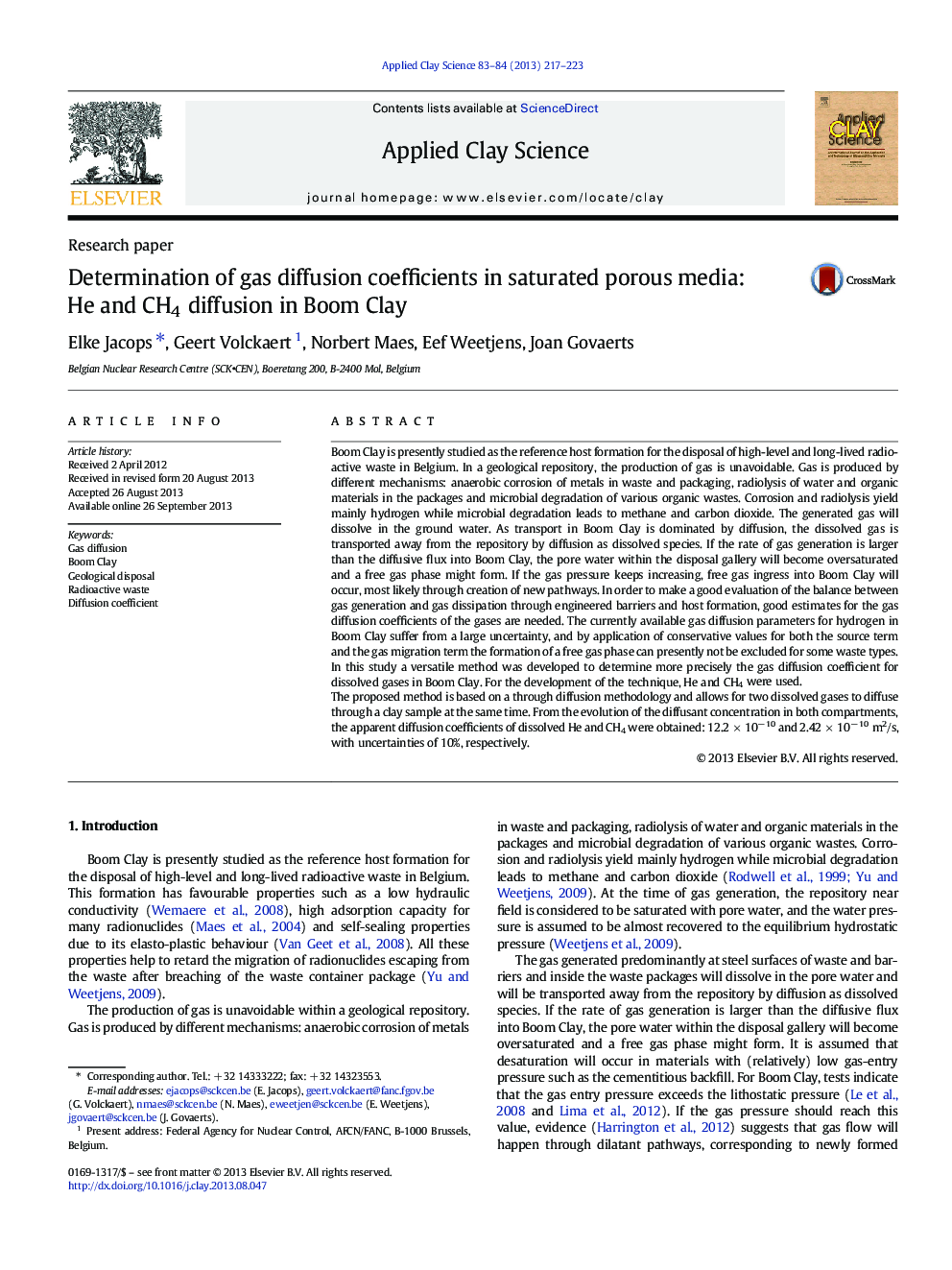 Determination of gas diffusion coefficients in saturated porous media: He and CH4 diffusion in Boom Clay