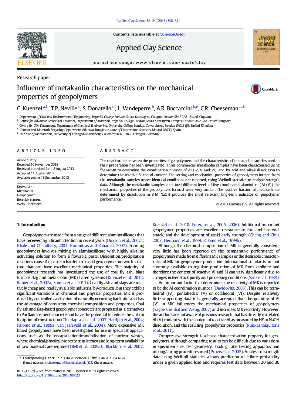 عکس صفحه اول مقاله: Influence of metakaolin characteristics on the mechanical properties of geopolymers Influence of metakaolin characteristics on the mechanical properties of geopolymers