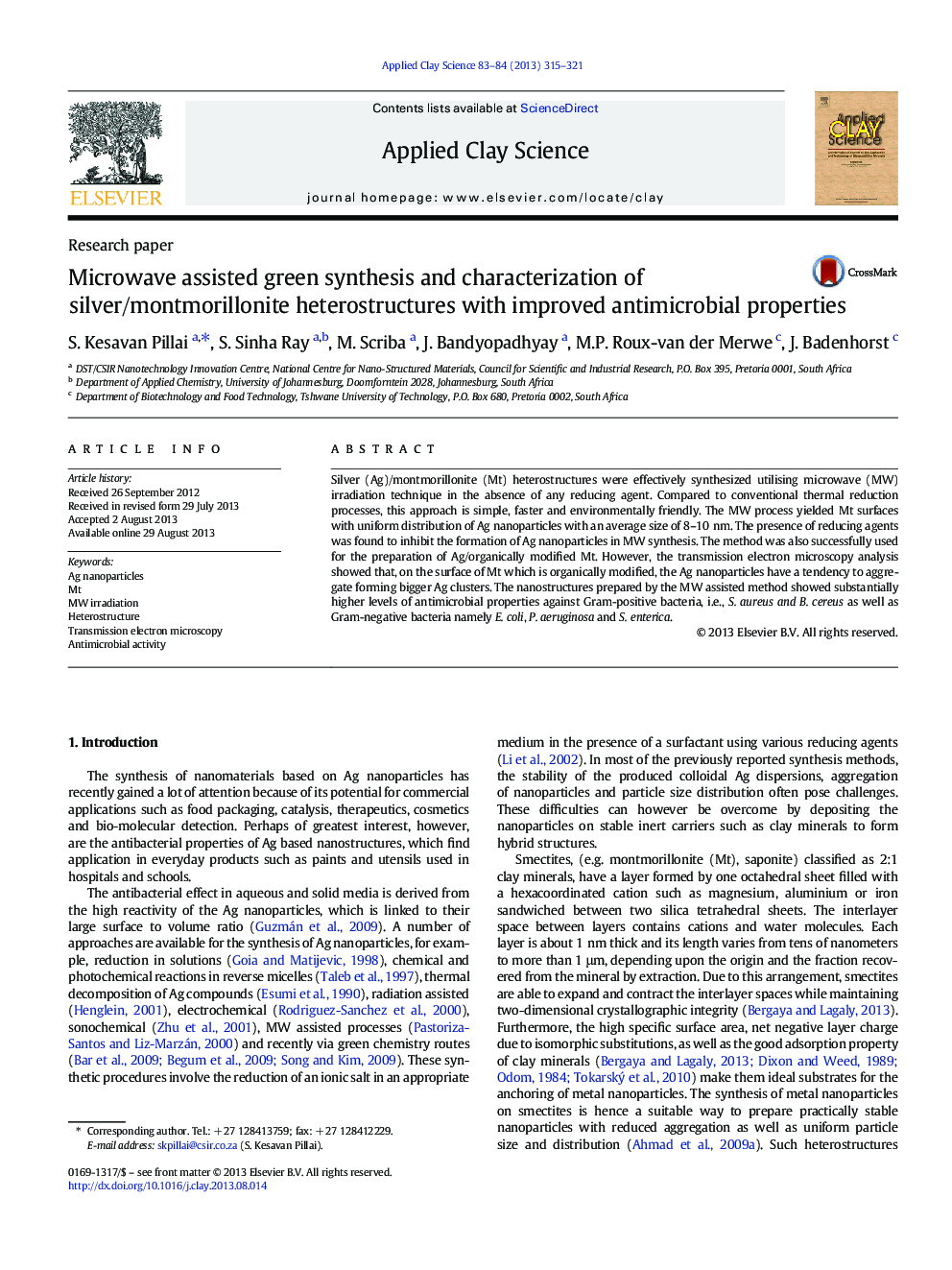 عکس صفحه اول مقاله: Microwave assisted green synthesis and characterization of silver/montmorillonite heterostructures with improved antimicrobial properties Microwave assisted green synthesis and characterization of silver/montmorillonite heterostructures with improved antimicrobial properties