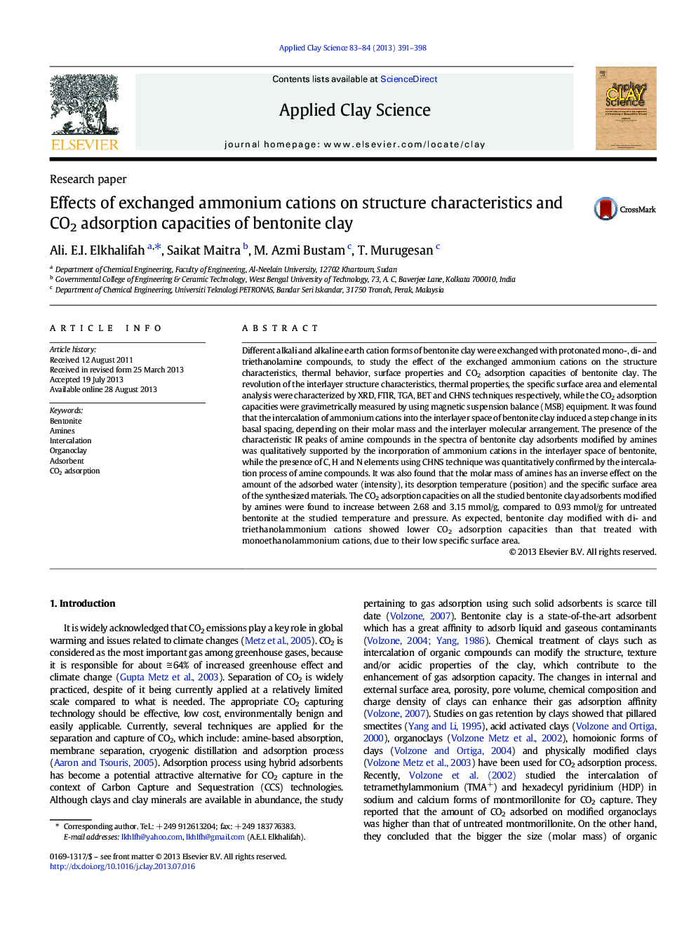 عکس صفحه اول مقاله: Effects of exchanged ammonium cations on structure characteristics and CO2 adsorption capacities of bentonite clay Effects of exchanged ammonium cations on structure characteristics and CO2 adsorption capacities of bentonite clay