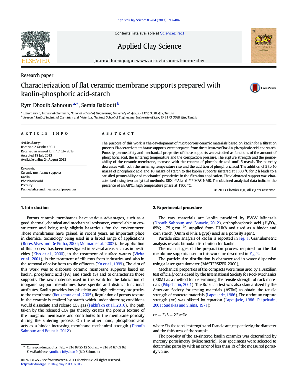عکس صفحه اول مقاله: Characterization of flat ceramic membrane supports prepared with kaolin-phosphoric acid-starch Characterization of flat ceramic membrane supports prepared with kaolin-phosphoric acid-starch