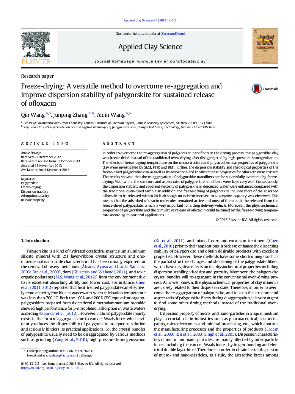 Freeze-drying: A versatile method to overcome re-aggregation and improve dispersion stability of palygorskite for sustained release of ofloxacin