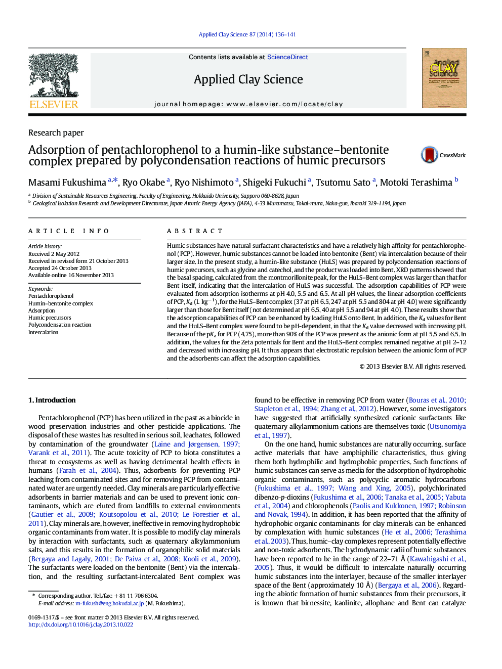 Adsorption of pentachlorophenol to a humin-like substance–bentonite complex prepared by polycondensation reactions of humic precursors