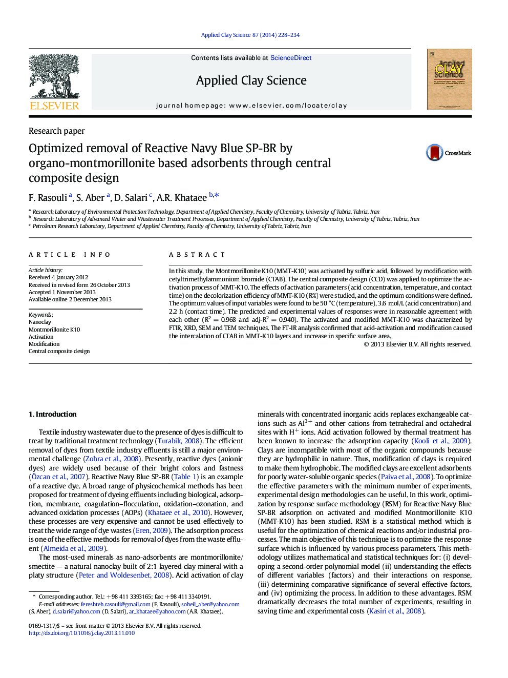 Optimized removal of Reactive Navy Blue SP-BR by organo-montmorillonite based adsorbents through central composite design