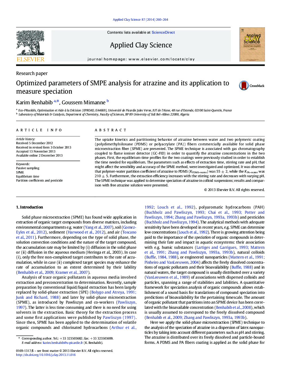 عکس صفحه اول مقاله: Optimized parameters of SMPE analysis for atrazine and its application to measure speciation Optimized parameters of SMPE analysis for atrazine and its application to measure speciation