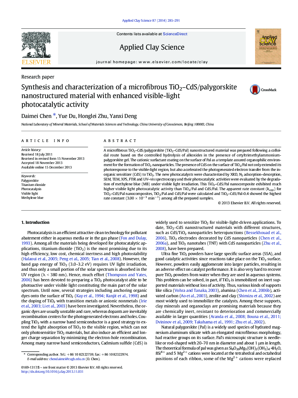 عکس صفحه اول مقاله: Synthesis and characterization of a microfibrous TiO2–CdS/palygorskite nanostructured material with enhanced visible-light photocatalytic activity Synthesis and characterization of a microfibrous TiO2–CdS/palygorskite nanostructured material with enhanced visible-light photocatalytic activity