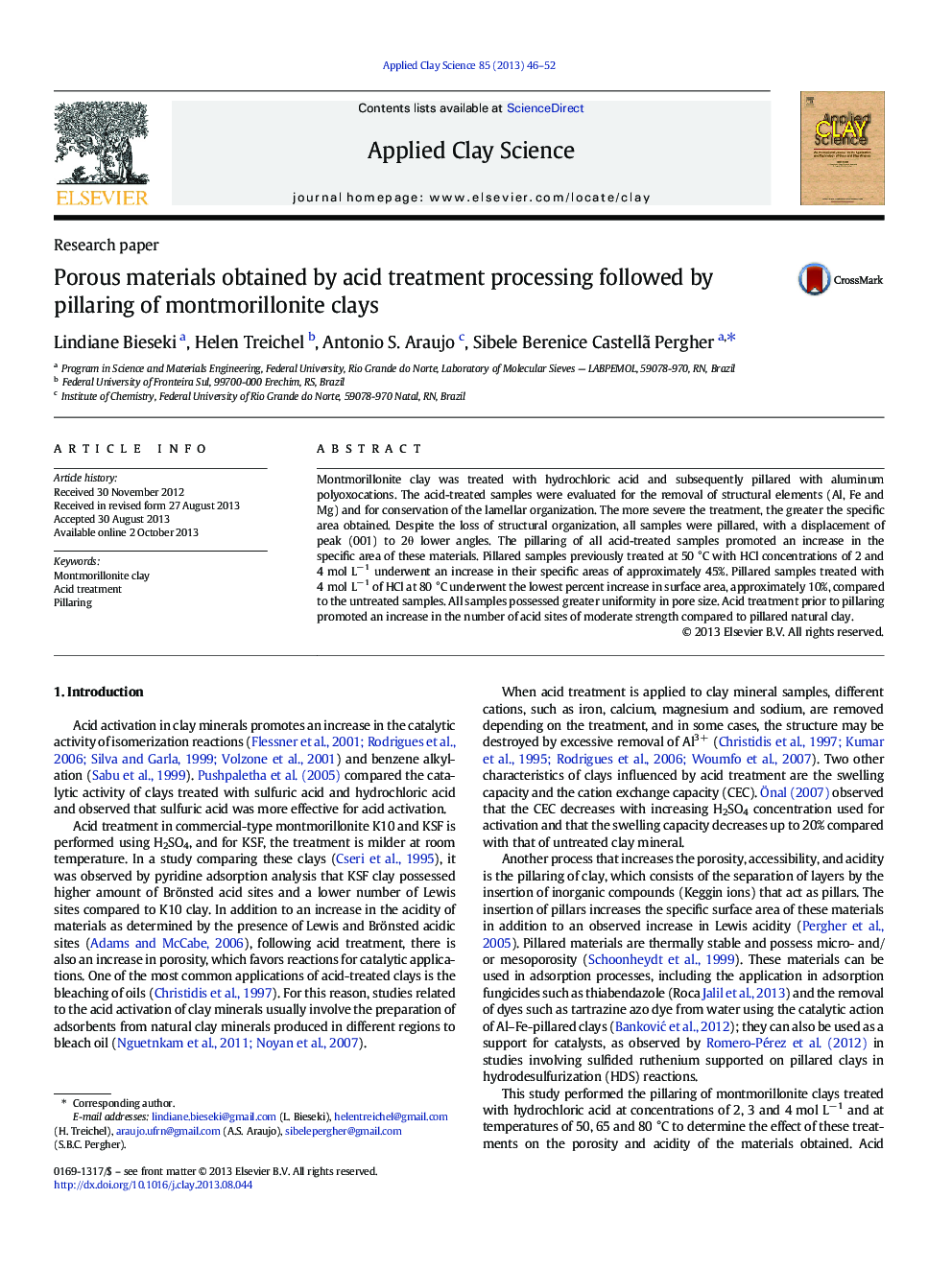 Porous materials obtained by acid treatment processing followed by pillaring of montmorillonite clays