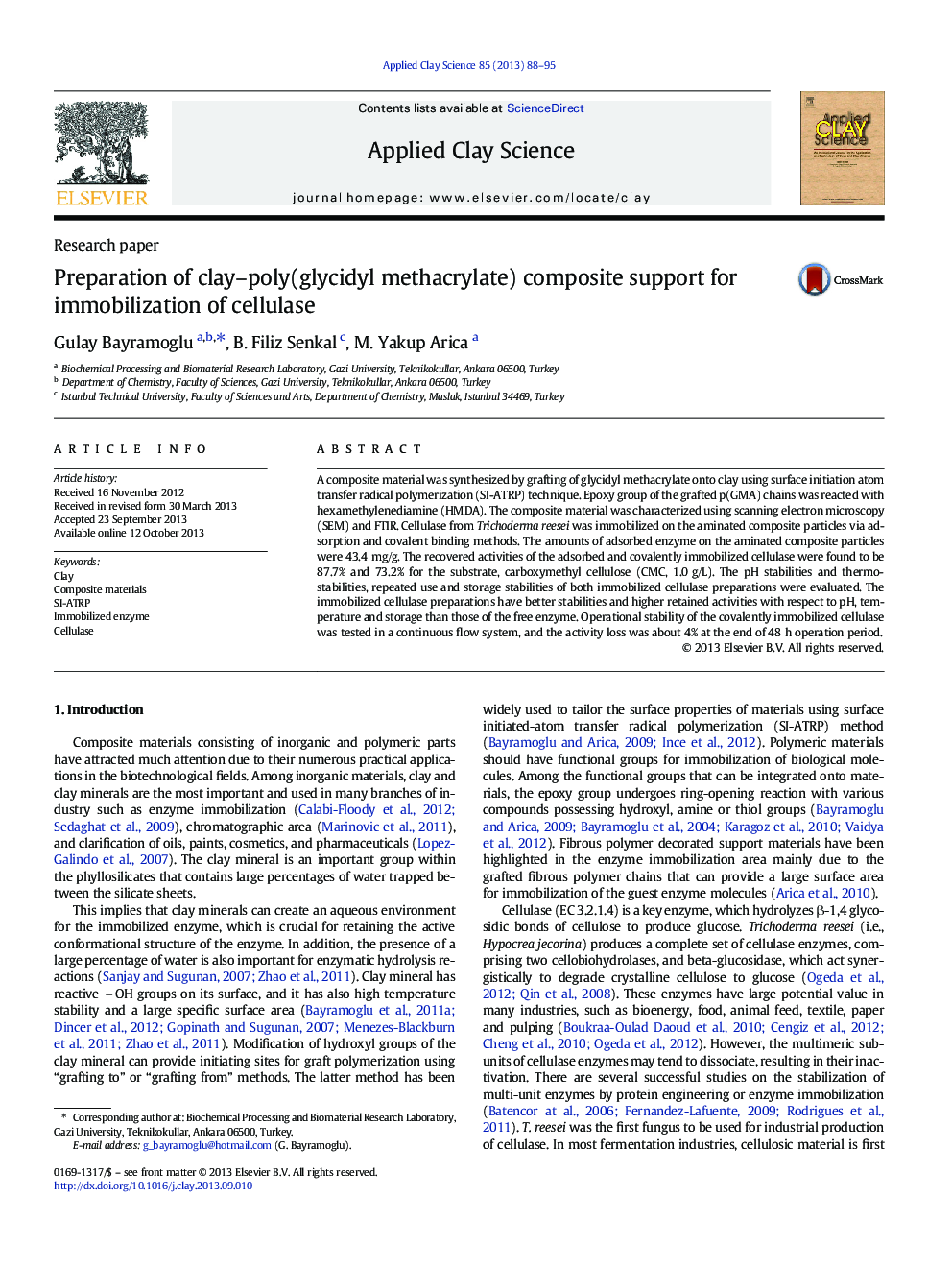 Preparation of clay–poly(glycidyl methacrylate) composite support for immobilization of cellulase