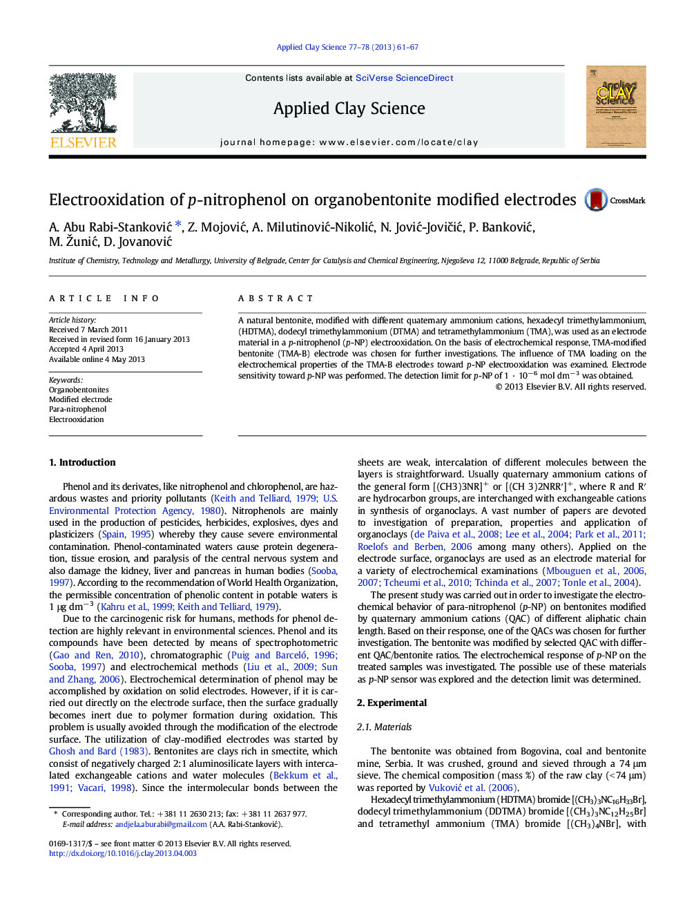 Electrooxidation of p-nitrophenol on organobentonite modified electrodes