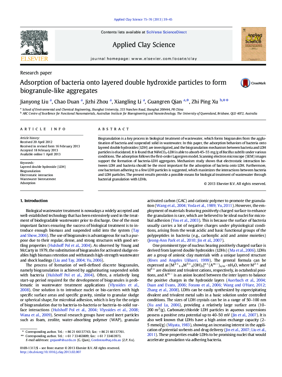 Adsorption of bacteria onto layered double hydroxide particles to form biogranule-like aggregates