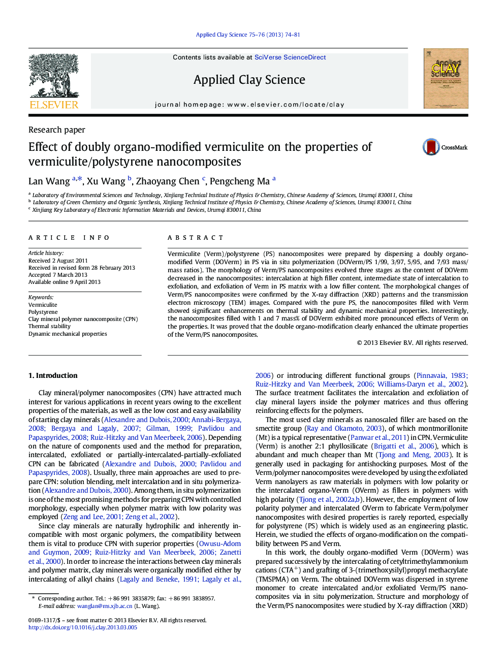 Effect of doubly organo-modified vermiculite on the properties of vermiculite/polystyrene nanocomposites