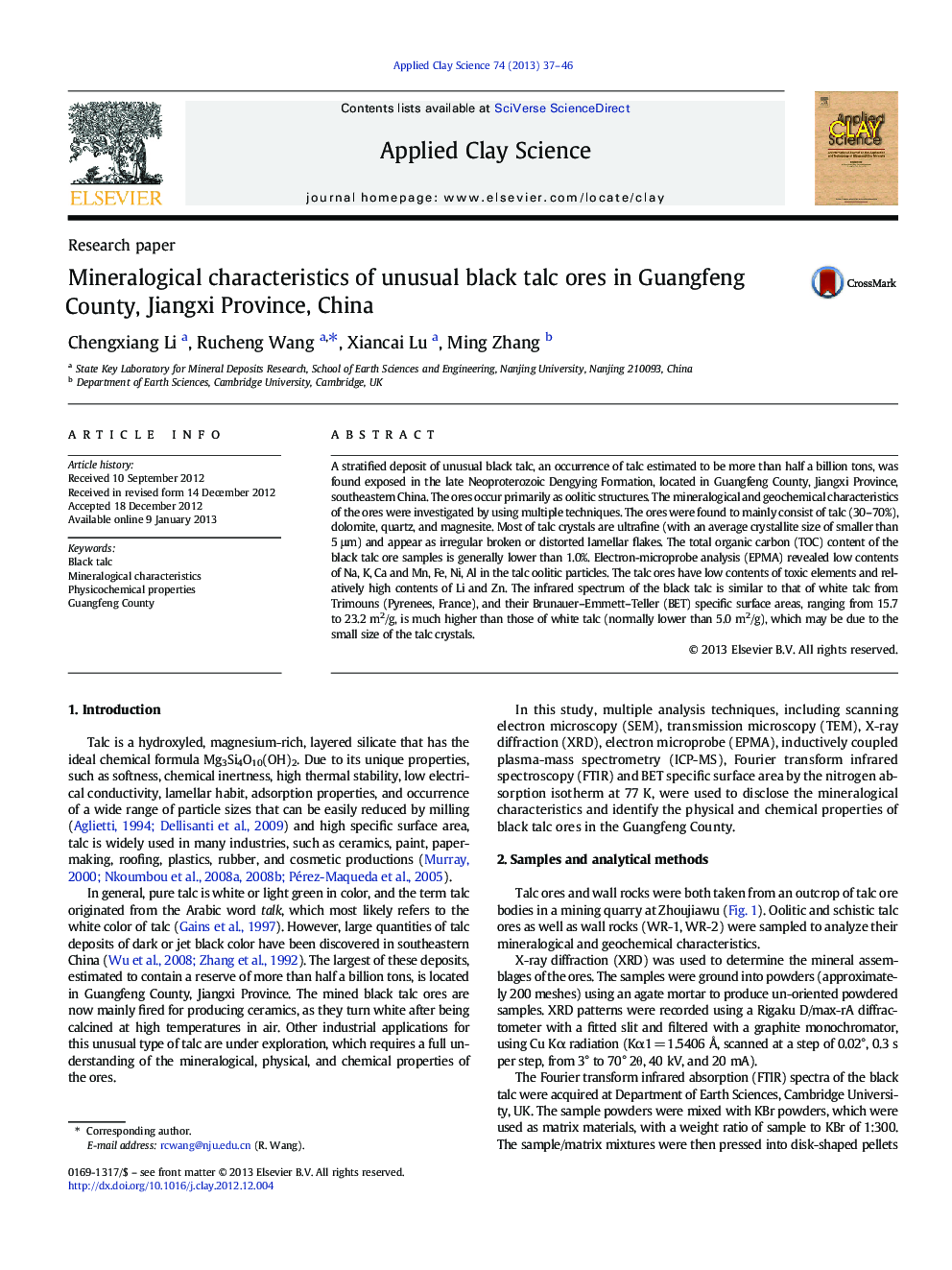 عکس صفحه اول مقاله: Mineralogical characteristics of unusual black talc ores in Guangfeng County, Jiangxi Province, China Mineralogical characteristics of unusual black talc ores in Guangfeng County, Jiangxi Province, China