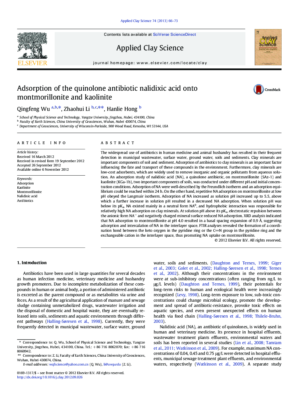 Adsorption of the quinolone antibiotic nalidixic acid onto montmorillonite and kaolinite
