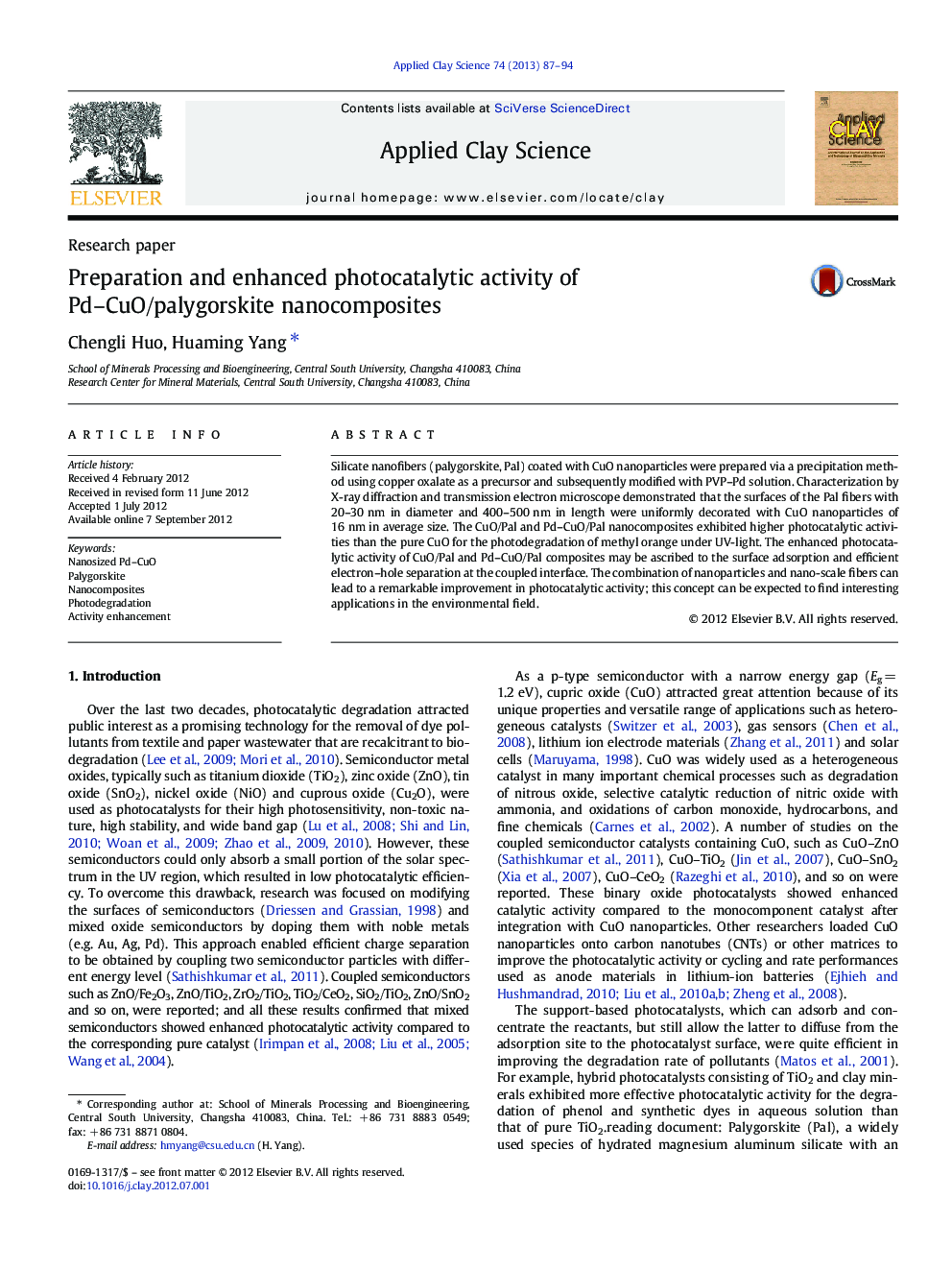 عکس صفحه اول مقاله: Preparation and enhanced photocatalytic activity of Pd–CuO/palygorskite nanocomposites Preparation and enhanced photocatalytic activity of Pd–CuO/palygorskite nanocomposites