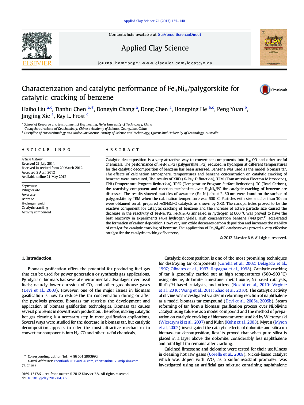 Characterization and catalytic performance of Fe3Ni8/palygorskite for catalytic cracking of benzene