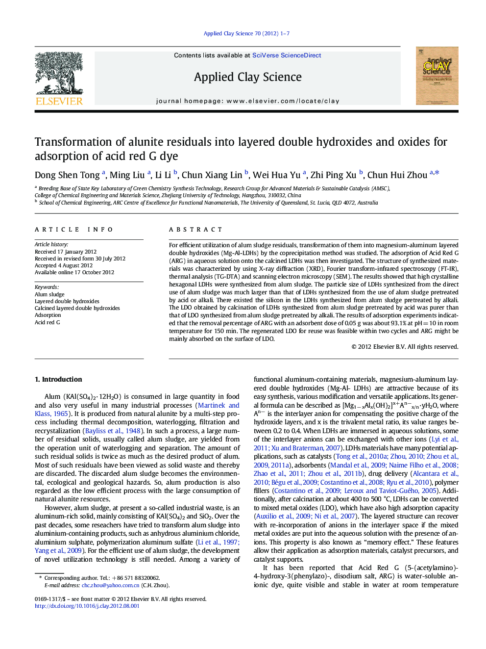 Transformation of alunite residuals into layered double hydroxides and oxides for adsorption of acid red G dye