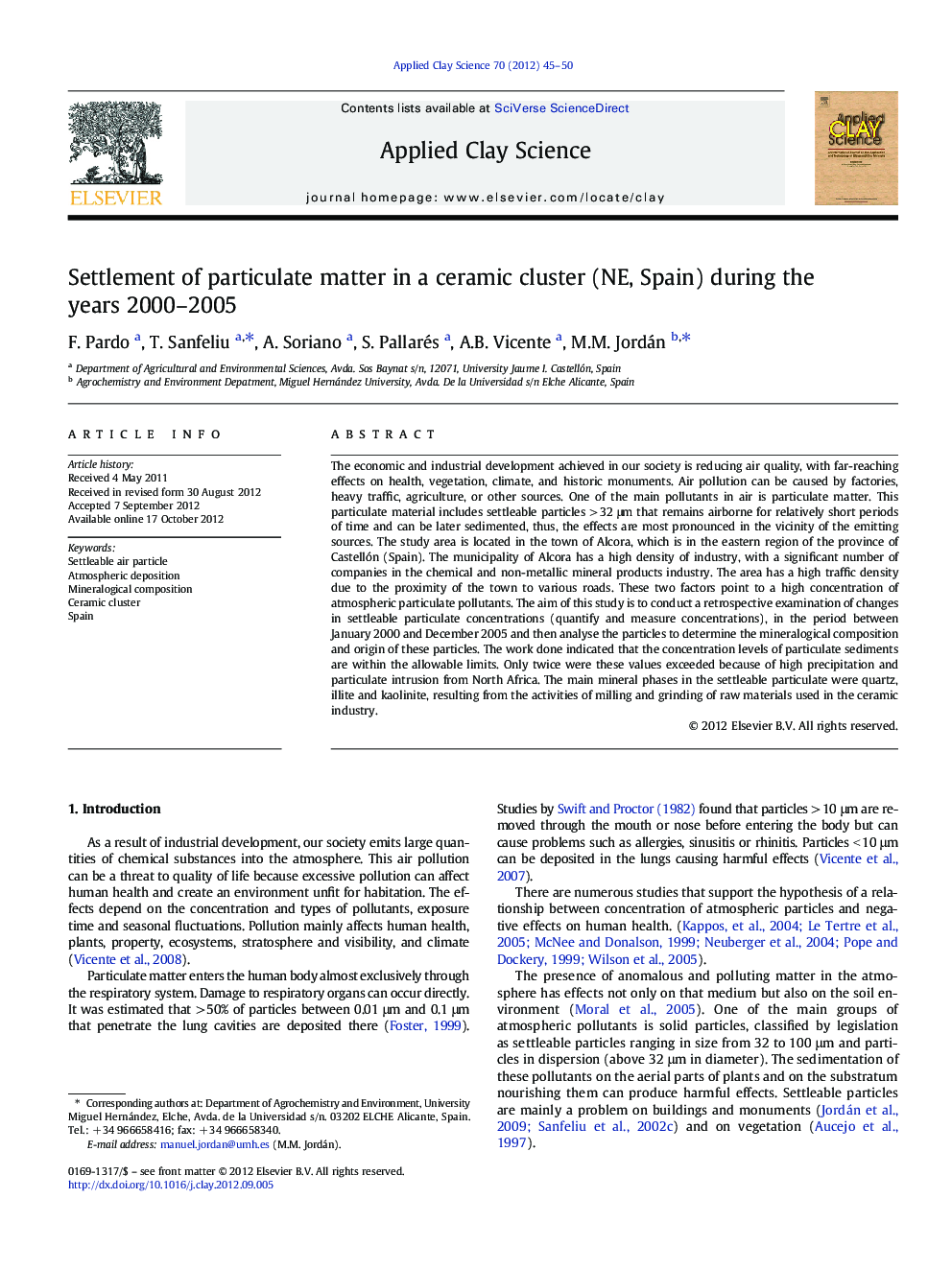 Settlement of particulate matter in a ceramic cluster (NE, Spain) during the years 2000–2005