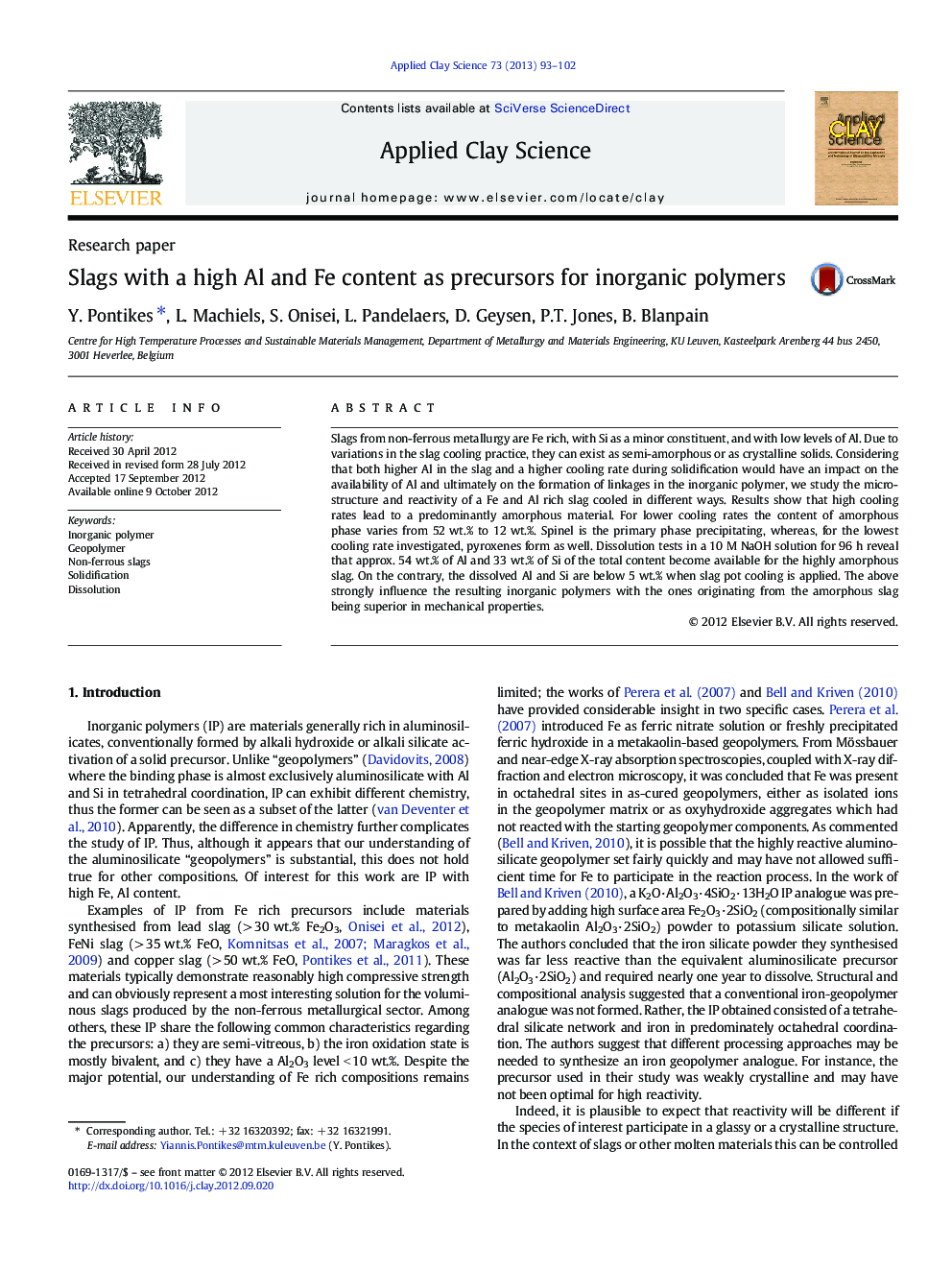 Slags with a high Al and Fe content as precursors for inorganic polymers