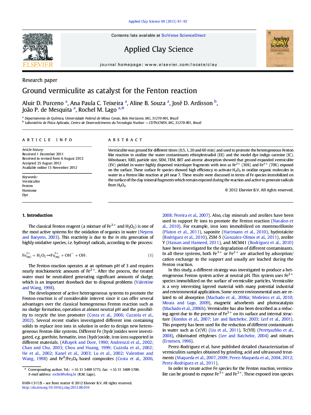 Ground vermiculite as catalyst for the Fenton reaction