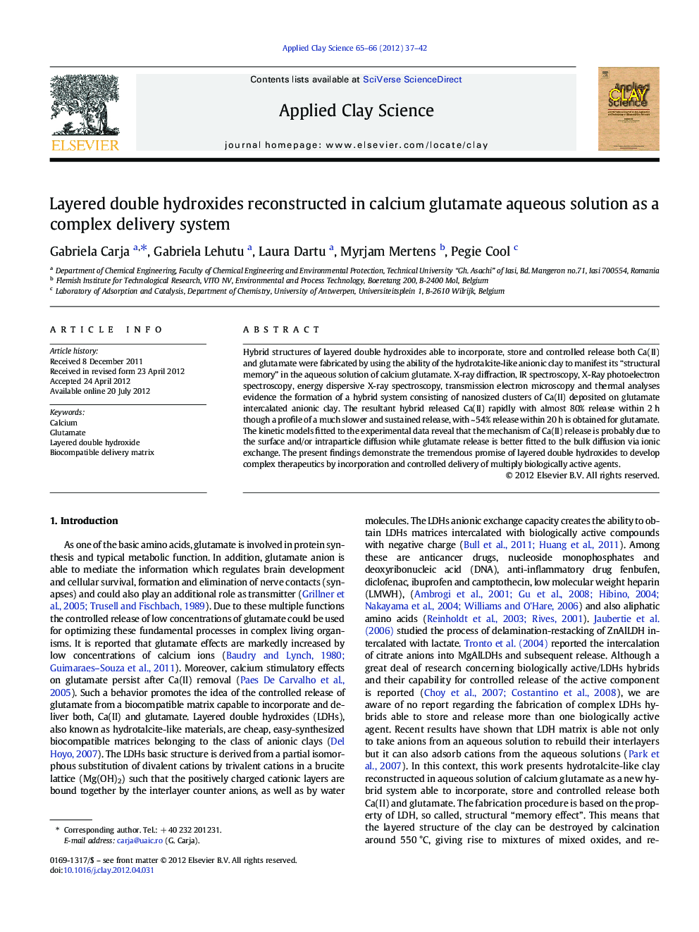 عکس صفحه اول مقاله: Layered double hydroxides reconstructed in calcium glutamate aqueous solution as a complex delivery system Layered double hydroxides reconstructed in calcium glutamate aqueous solution as a complex delivery system