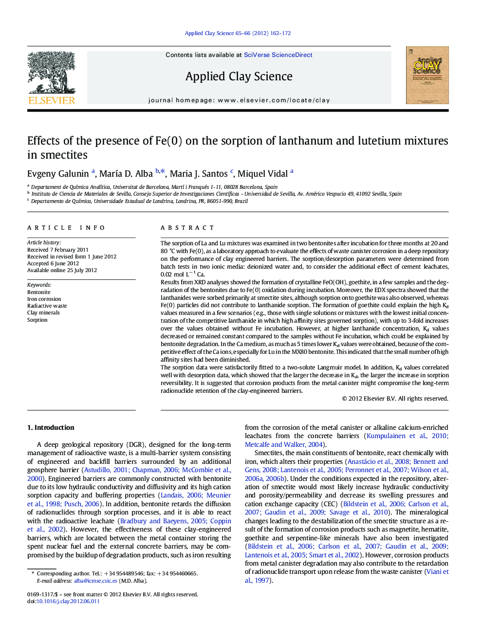 Effects of the presence of Fe(0) on the sorption of lanthanum and lutetium mixtures in smectites