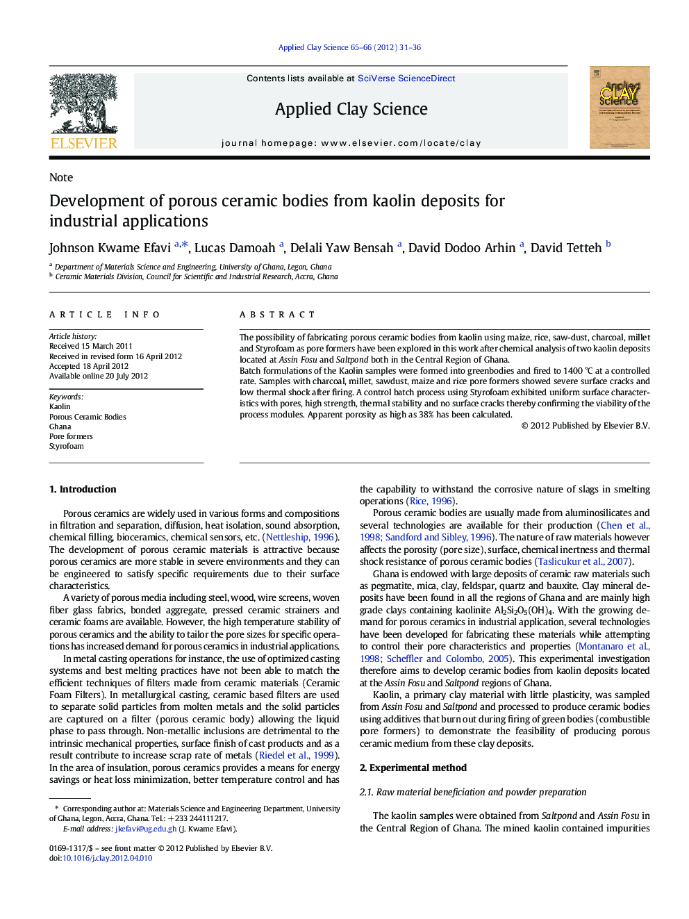 عکس صفحه اول مقاله: Development of porous ceramic bodies from kaolin deposits for industrial applications Development of porous ceramic bodies from kaolin deposits for industrial applications