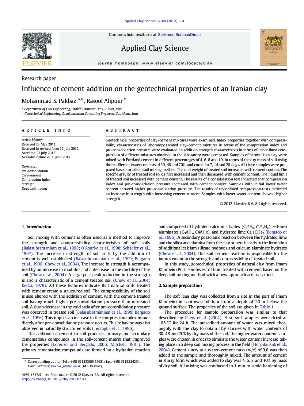 Influence of cement addition on the geotechnical properties of an Iranian clay