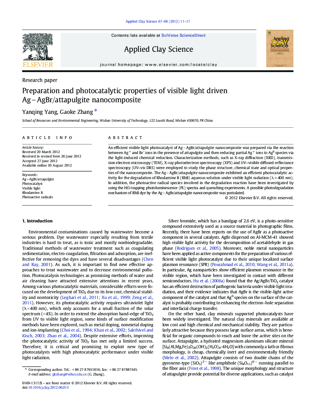 عکس صفحه اول مقاله: Preparation and photocatalytic properties of visible light driven AgAgBr/attapulgite nanocomposite Preparation and photocatalytic properties of visible light driven AgAgBr/attapulgite nanocomposite