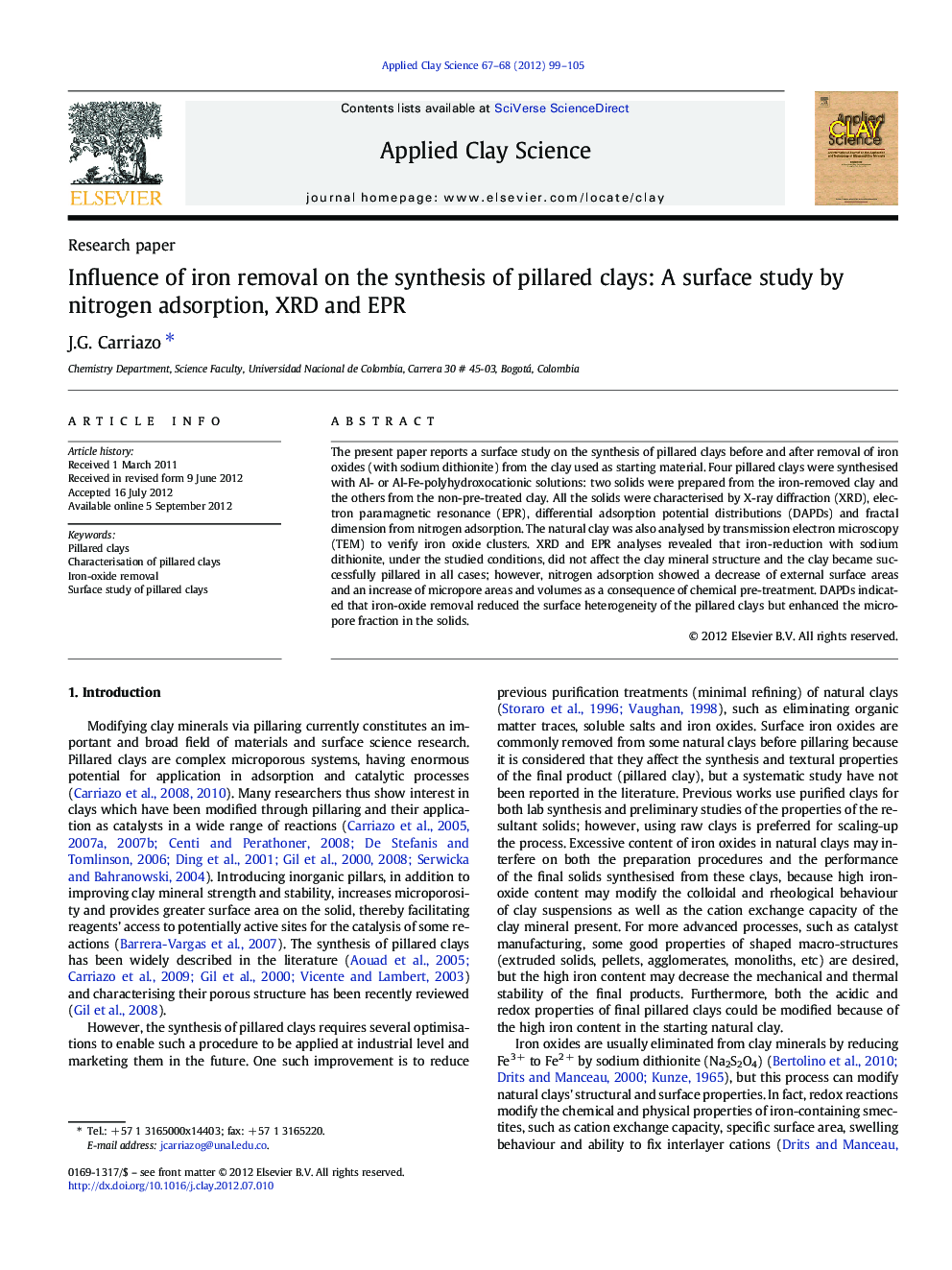 Influence of iron removal on the synthesis of pillared clays: A surface study by nitrogen adsorption, XRD and EPR