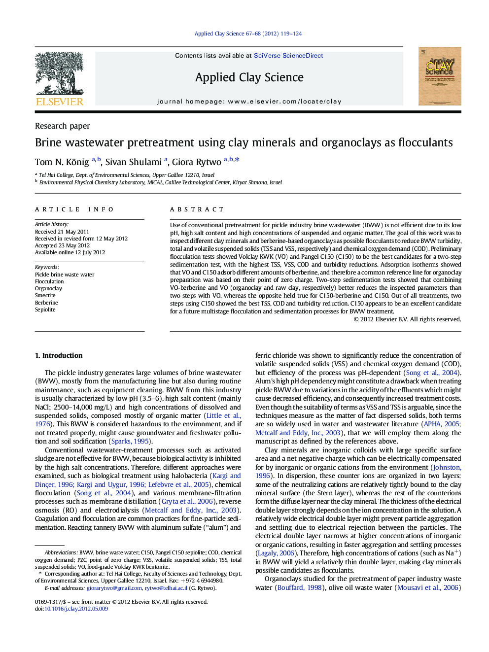 عکس صفحه اول مقاله: Brine wastewater pretreatment using clay minerals and organoclays as flocculants Brine wastewater pretreatment using clay minerals and organoclays as flocculants