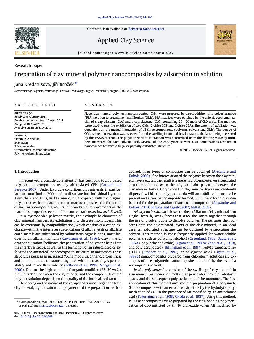 Preparation of clay mineral polymer nanocomposites by adsorption in solution