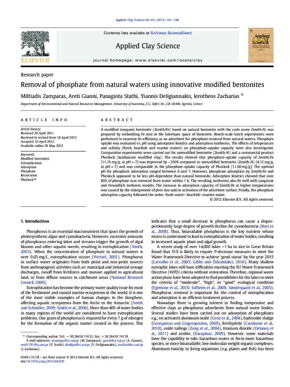 Removal of phosphate from natural waters using innovative modified bentonites