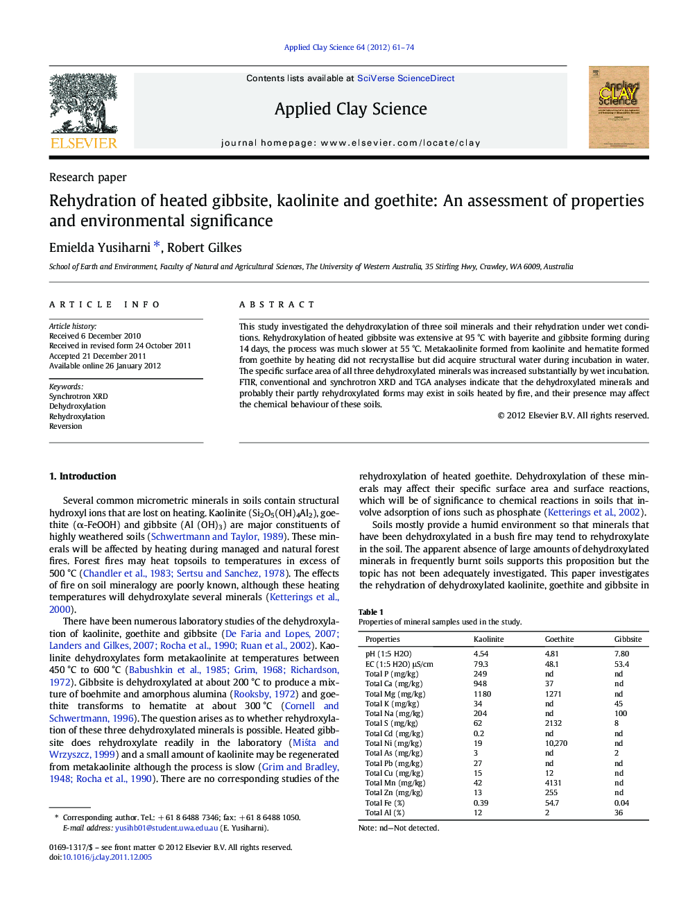 Rehydration of heated gibbsite, kaolinite and goethite: An assessment of properties and environmental significance