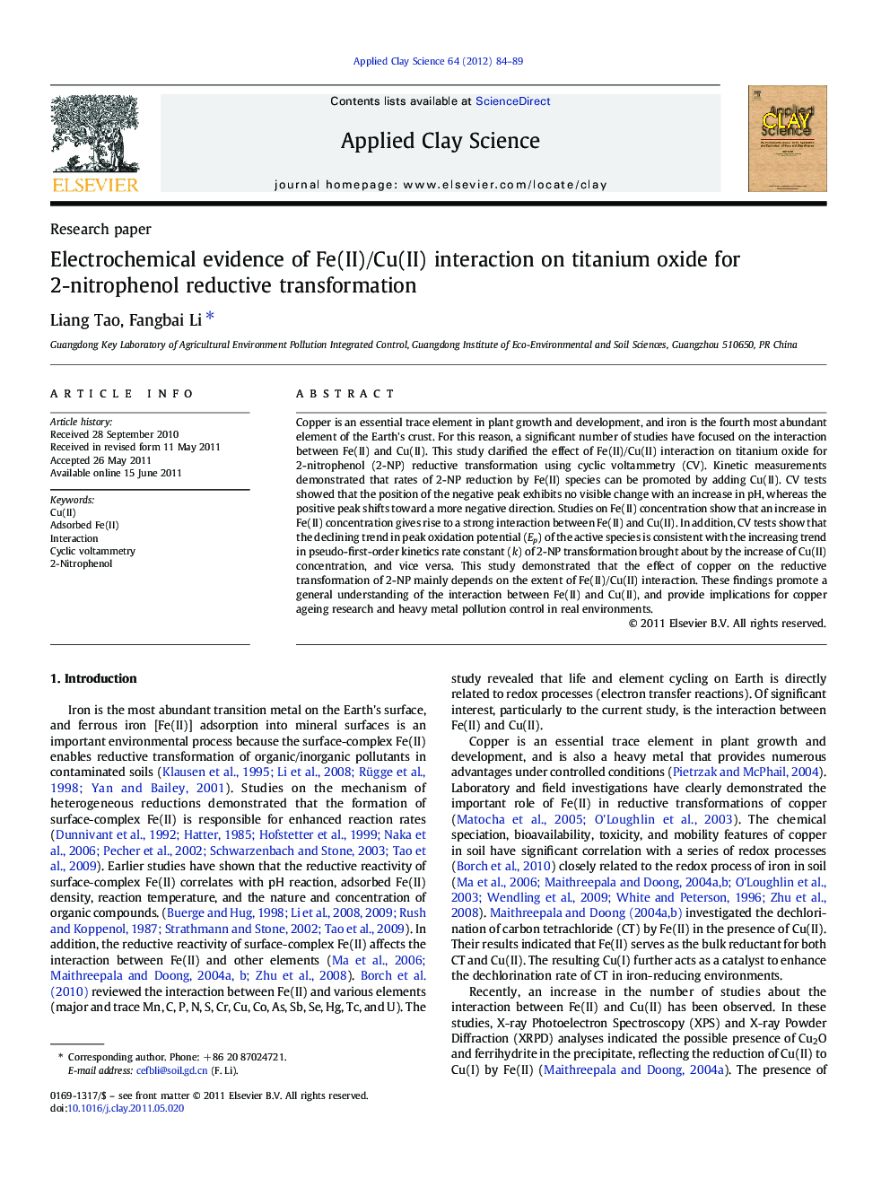 Electrochemical evidence of Fe(II)/Cu(II) interaction on titanium oxide for 2-nitrophenol reductive transformation