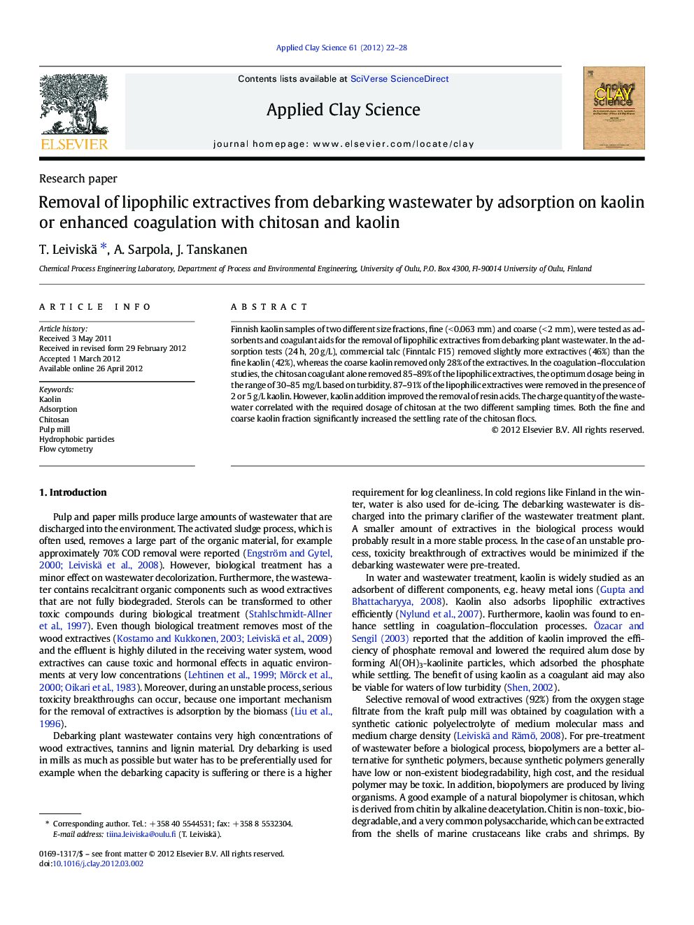 Removal of lipophilic extractives from debarking wastewater by adsorption on kaolin or enhanced coagulation with chitosan and kaolin