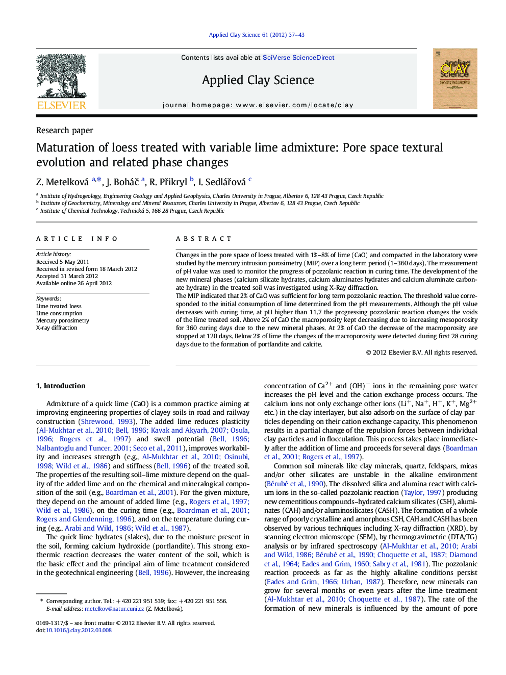 عکس صفحه اول مقاله: Maturation of loess treated with variable lime admixture: Pore space textural evolution and related phase changes Maturation of loess treated with variable lime admixture: Pore space textural evolution and related phase changes