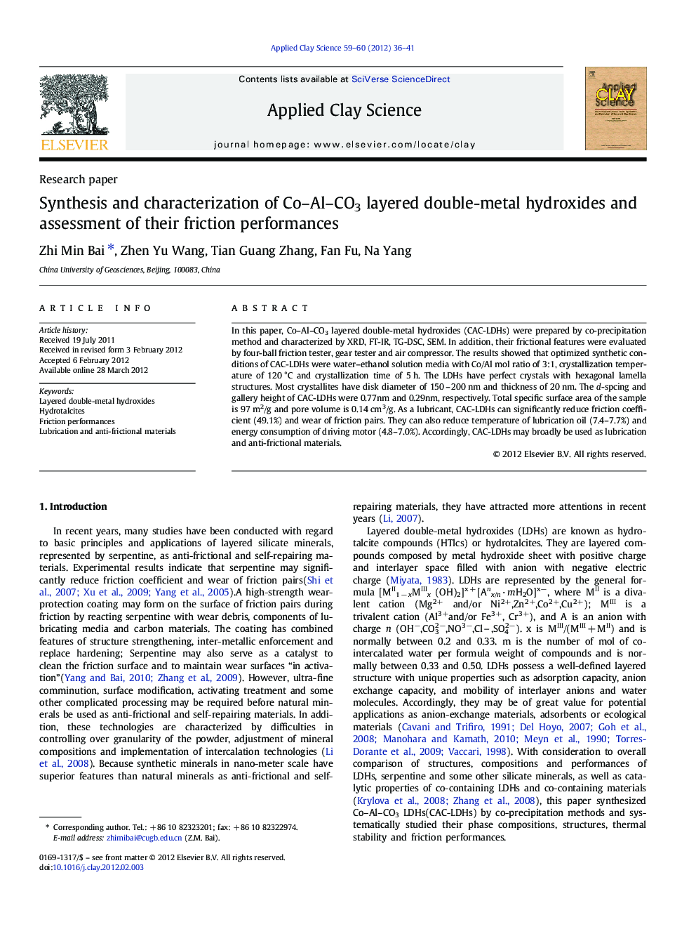 Synthesis and characterization of Co–Al–CO3 layered double-metal hydroxides and assessment of their friction performances