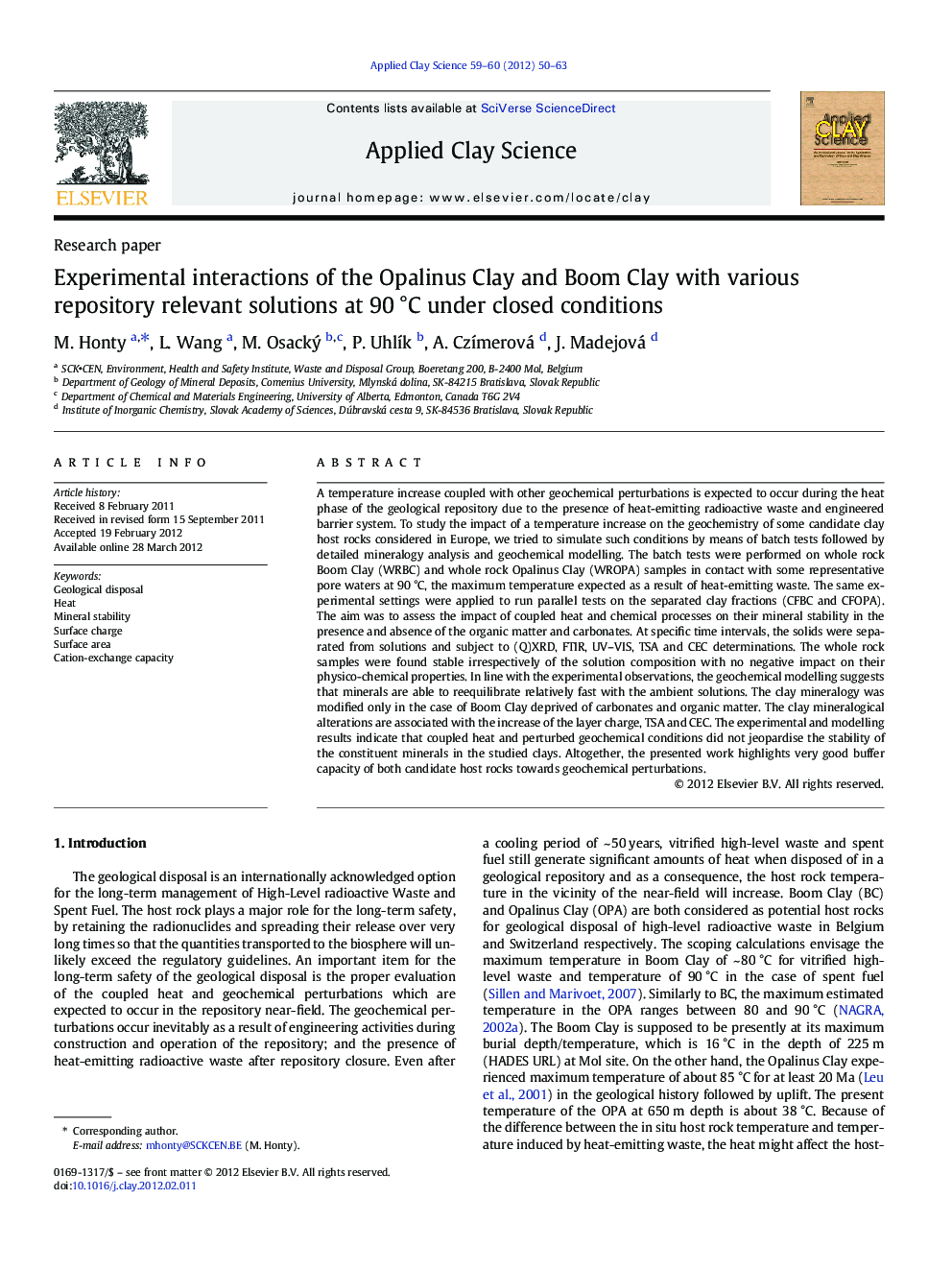 Experimental interactions of the Opalinus Clay and Boom Clay with various repository relevant solutions at 90 °C under closed conditions