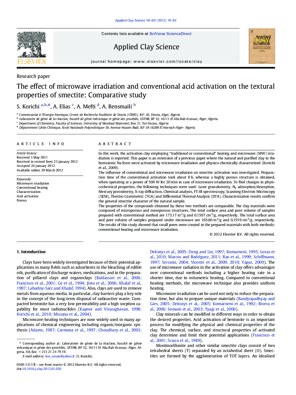 The effect of microwave irradiation and conventional acid activation on the textural properties of smectite: Comparative study