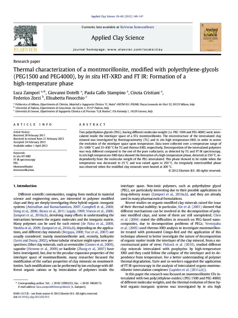 Thermal characterization of a montmorillonite, modified with polyethylene-glycols (PEG1500 and PEG4000), by in situ HT-XRD and FT IR: Formation of a high-temperature phase