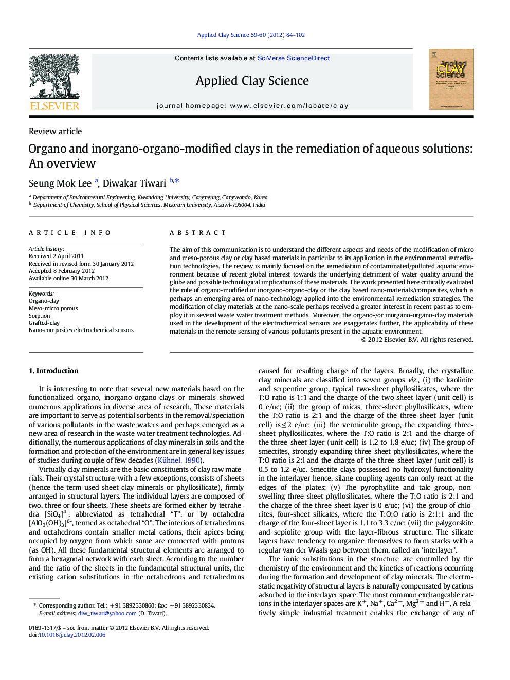 Organo and inorgano-organo-modified clays in the remediation of aqueous solutions: An overview