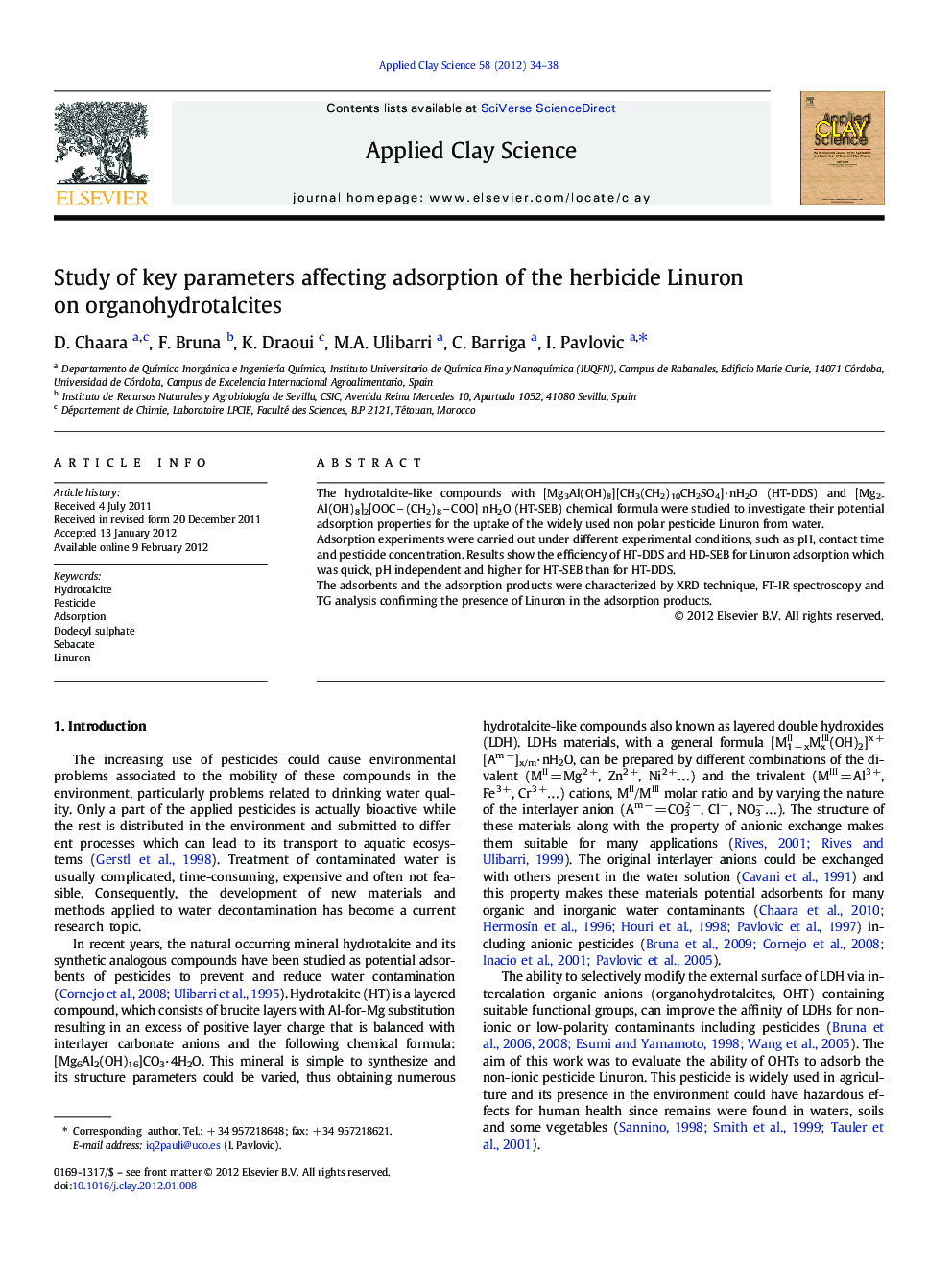 Study of key parameters affecting adsorption of the herbicide Linuron on organohydrotalcites