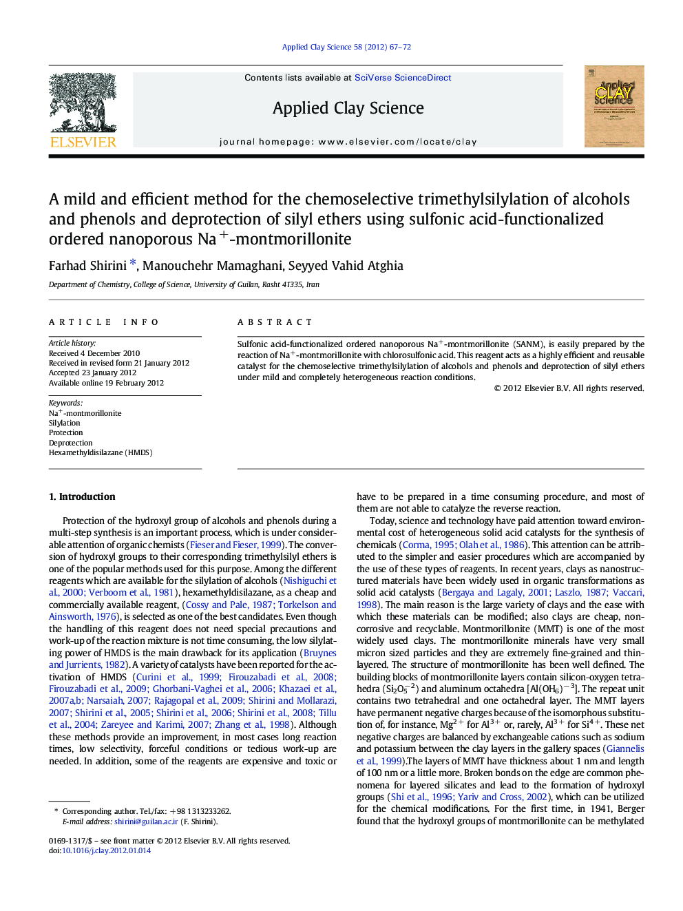 A mild and efficient method for the chemoselective trimethylsilylation of alcohols and phenols and deprotection of silyl ethers using sulfonic acid-functionalized ordered nanoporous Na+-montmorillonite