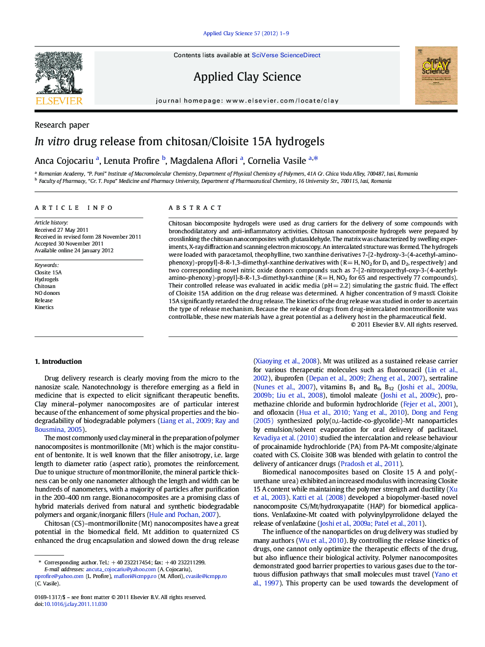 In vitro drug release from chitosan/Cloisite 15A hydrogels