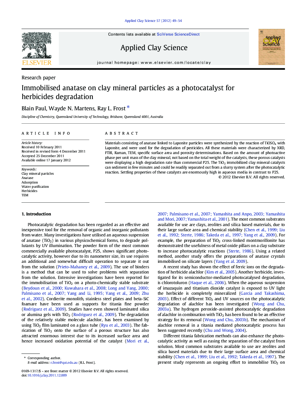 Immobilised anatase on clay mineral particles as a photocatalyst for herbicides degradation